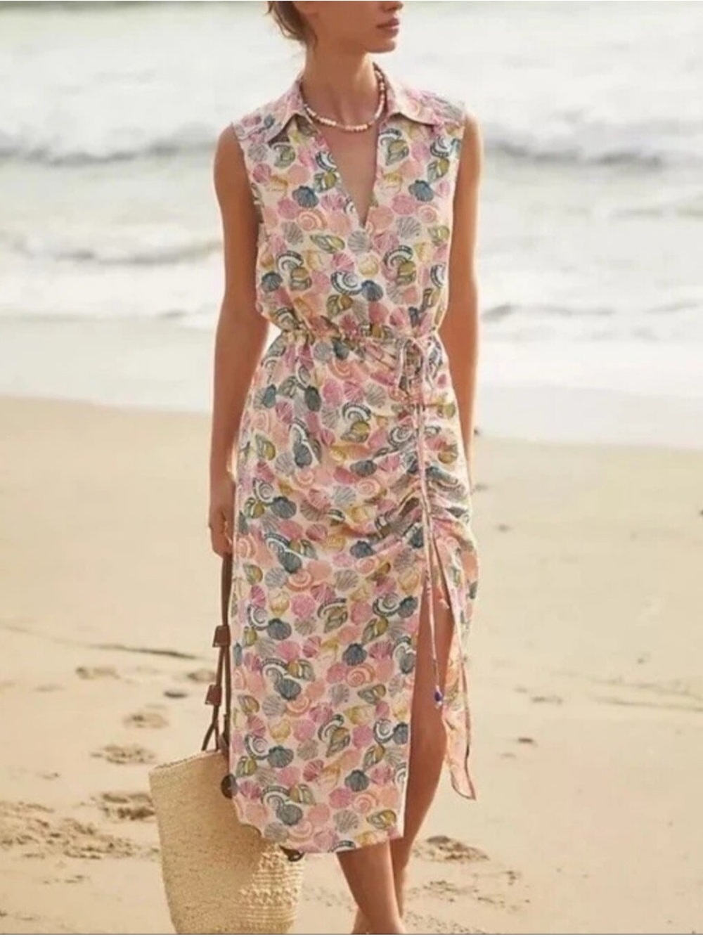 Anthropologie Linen Blend Seashell Print Dress Side Slit Resort Coastal Xs NWT